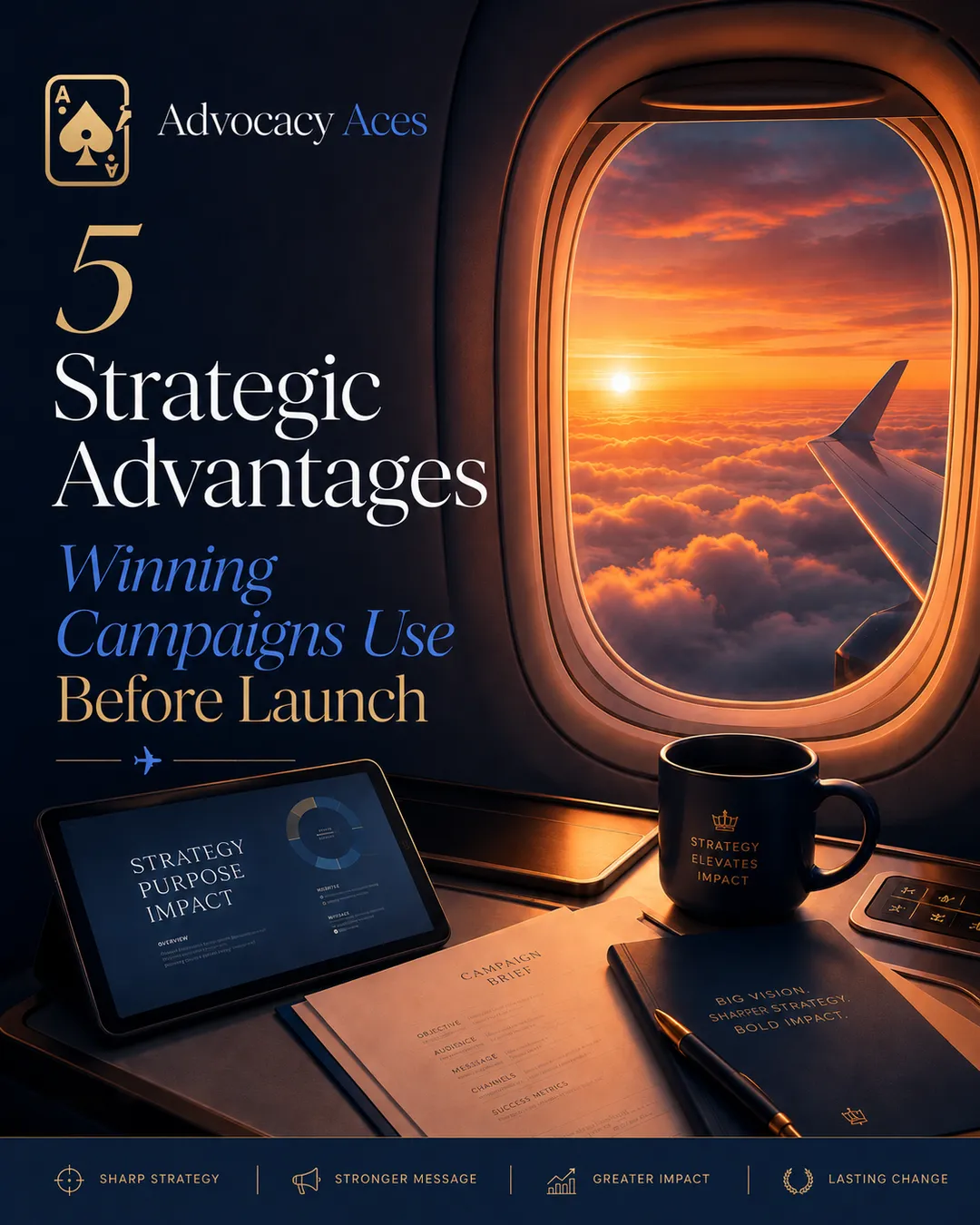 Artwork reading 5 Strategic Advantages Winning Campaigns Use Before Launch, beside an airplane window at sunset and a campaign brief on a tray table