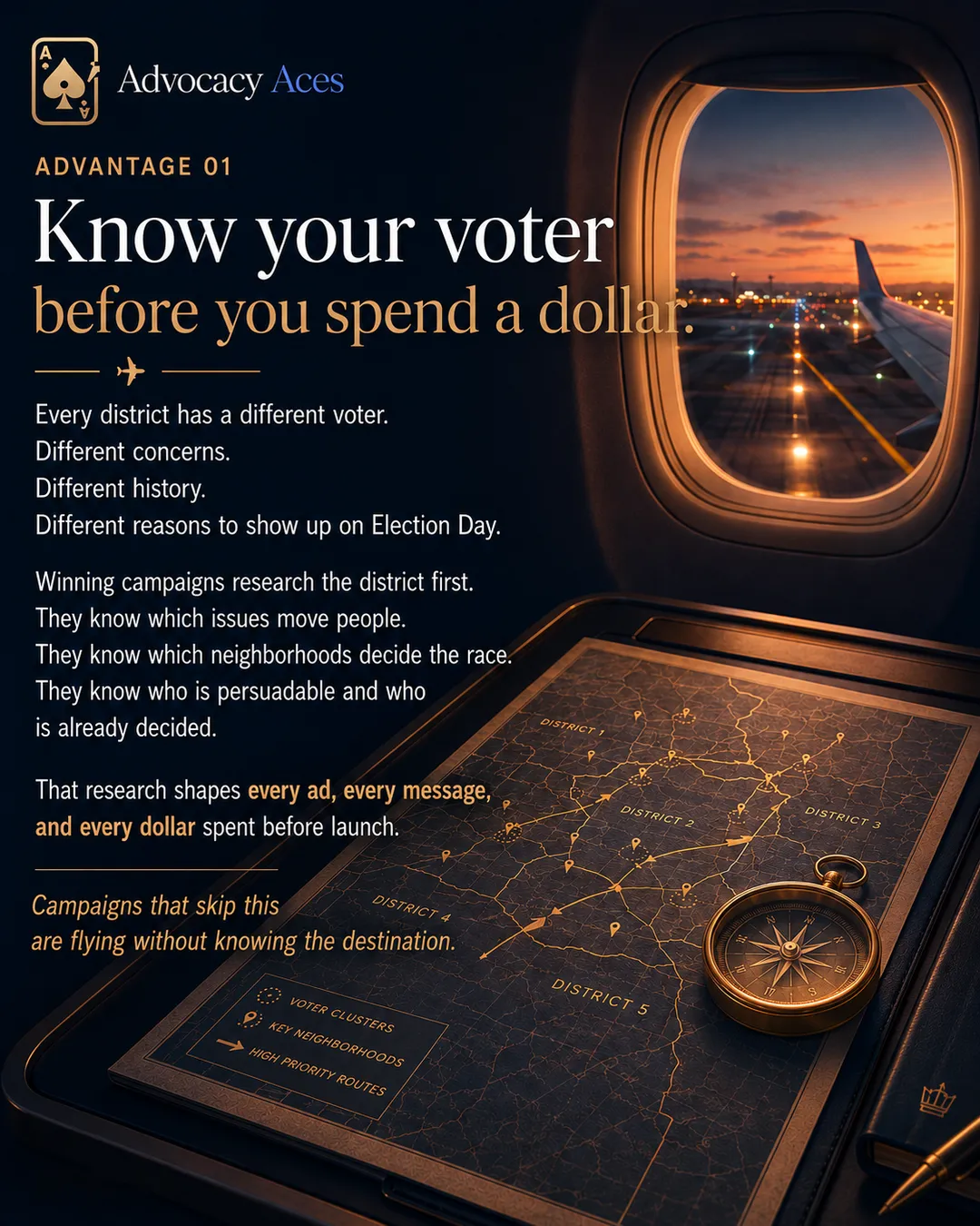 Artwork titled Advantage 01, Know your voter before you spend a dollar, over a gold district map and a brass compass beside an airplane window