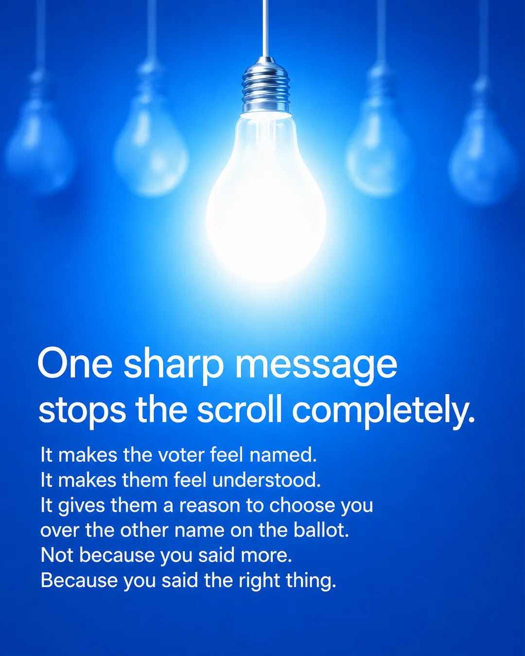 One brightly glowing light bulb in sharp focus with blurred unlit bulbs behind it, above text on what one sharp message does for a voter.