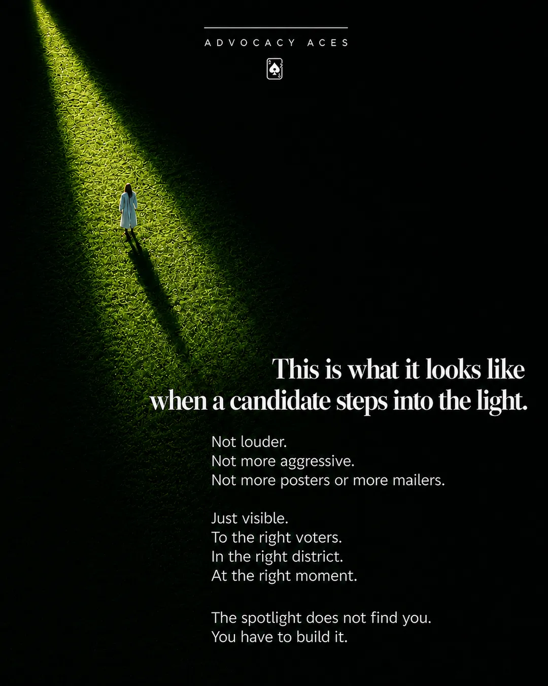 A single robed figure stands in a narrow beam of green light on a dark field, with the headline This is what it looks like when a candidate steps into the light