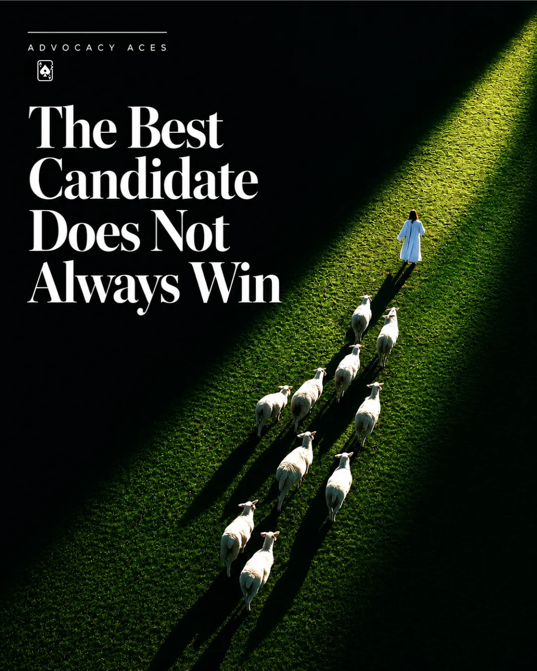 A robed figure leads a line of sheep along a diagonal beam of light on dark grass beside the headline The Best Candidate Does Not Always Win