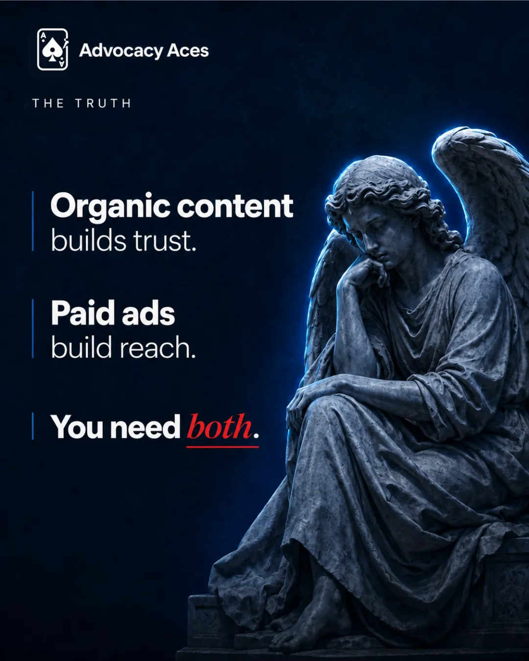 Text reading Organic content builds trust, paid ads build reach, you need both, beside a marble angel statue resting her head on her hand