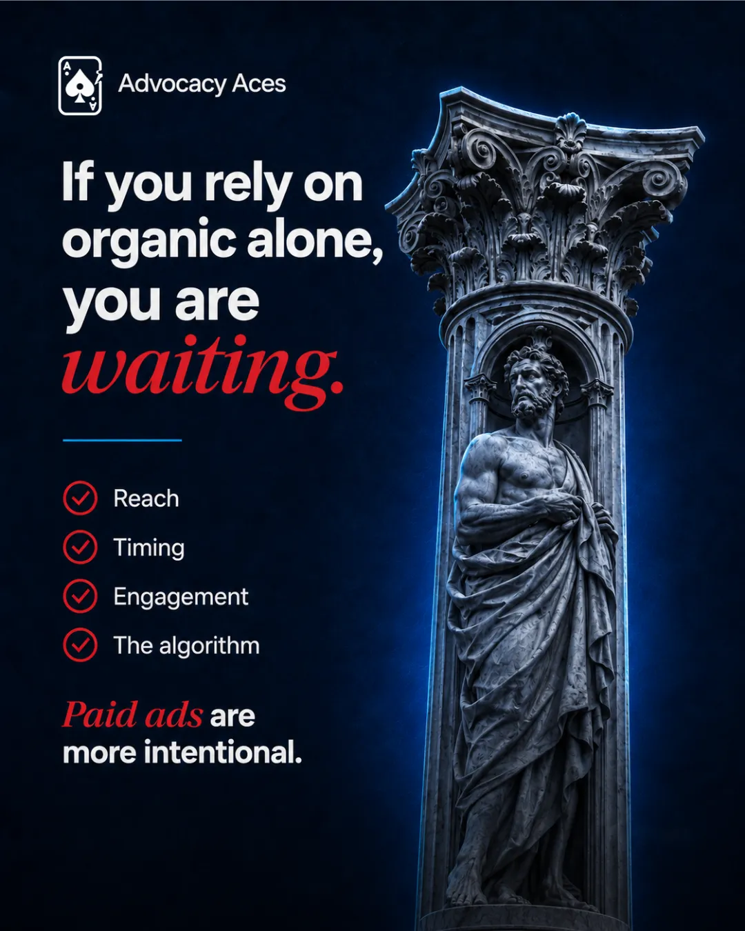 Text reading If you rely on organic alone, you are waiting on reach, timing, engagement and the algorithm, and paid ads are more intentional
