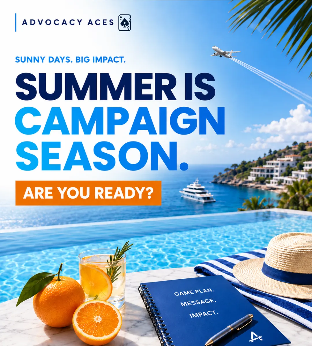 Poolside marble ledge with oranges, an iced drink and a blue notebook under the headline Summer Is Campaign Season. Are You Ready?