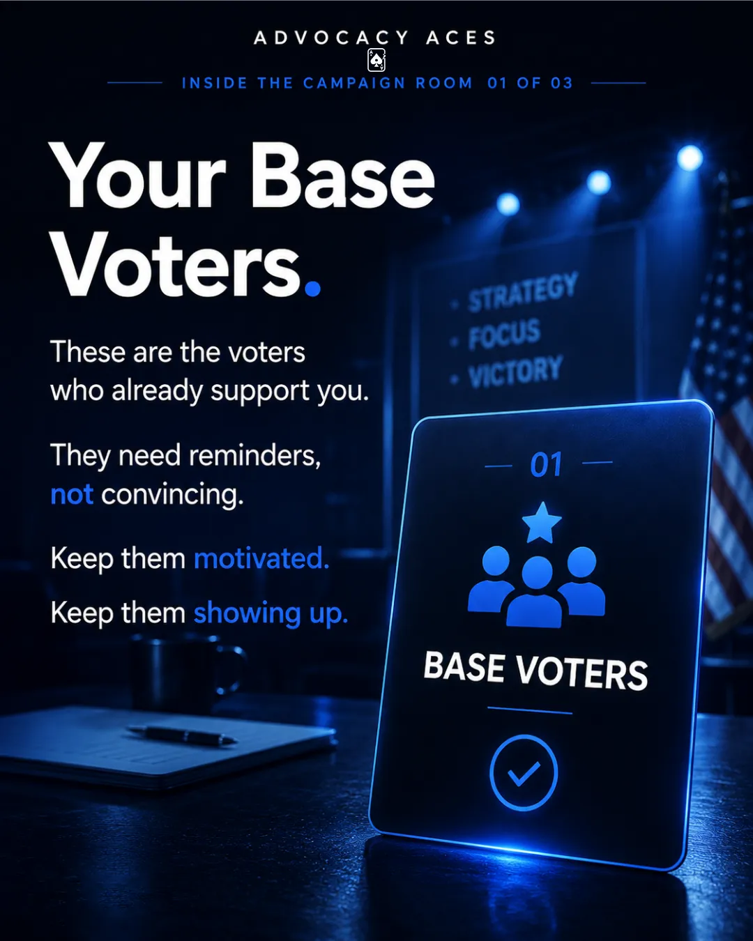 A glowing card reading Base Voters stands on a desk beside the words your base voters already support you and need reminders, not convincing.