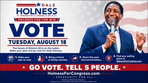 Campaign graphic sent with the text: "VOTE Tuesday, August 18" beside a photo of Dale Holness speaking into a microphone.