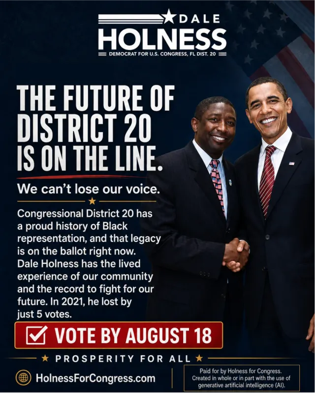 Cover slide of the District 20 carousel with a photo of the candidate shaking hands with another man in a suit
