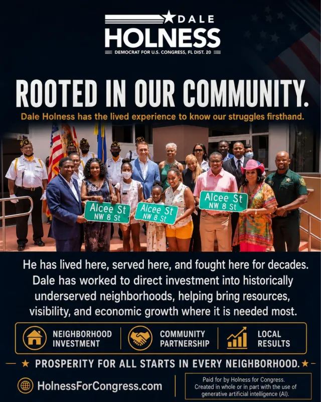 Second slide of the District 20 carousel with a group photo holding street signs and three icon cards