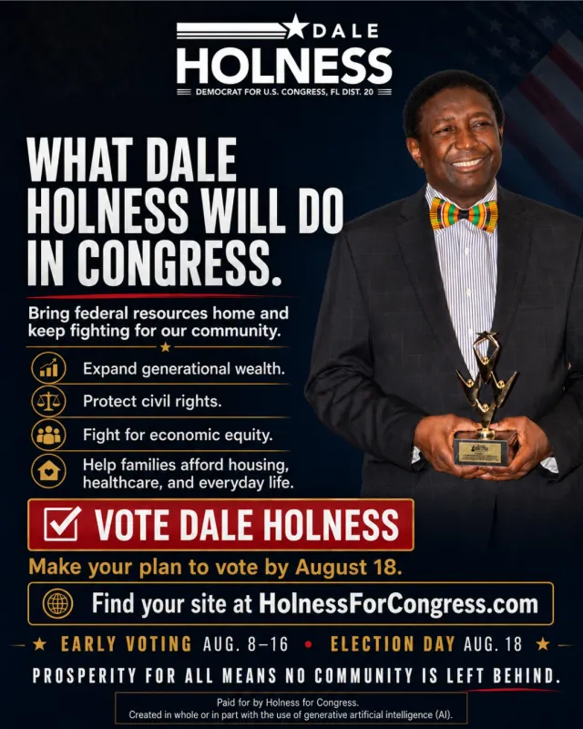 Fifth slide of the District 20 carousel with the candidate in a bow tie holding a trophy and a four-point list