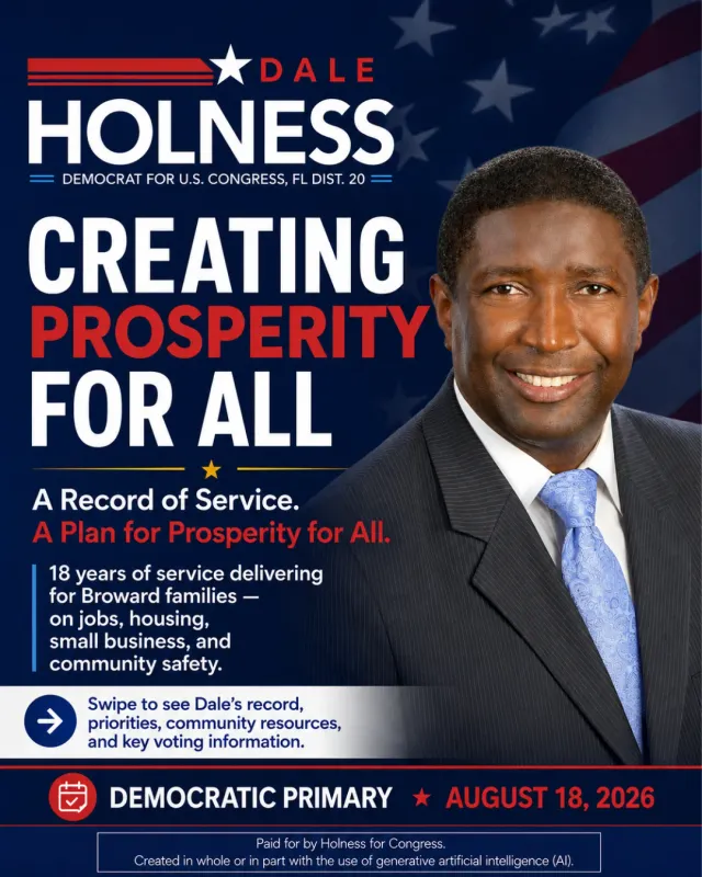 Cover slide of the Prosperity for All carousel with a portrait of the candidate in a blue tie and a swipe prompt