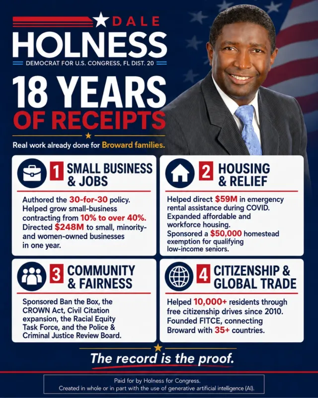 Second slide of the Prosperity for All carousel with a four-box record grid and the candidate photo top right