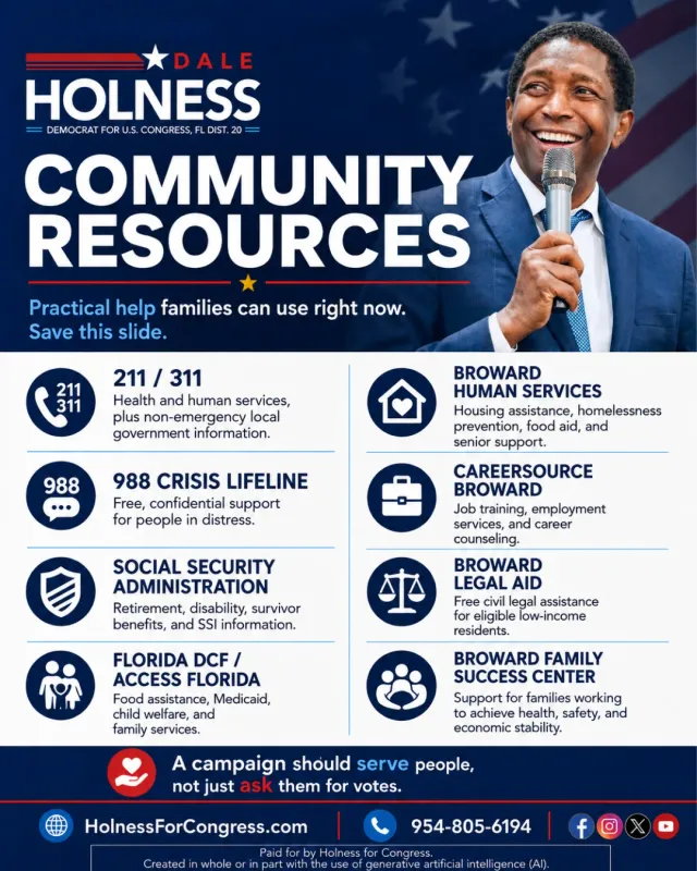 Fourth slide of the Prosperity for All carousel listing community resources beside the candidate at a microphone