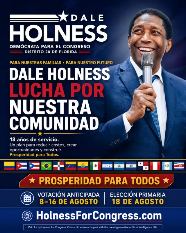 Cover slide of the Spanish-language carousel for Dale Holness for Congress, candidate photo with a strip of Latin American flags