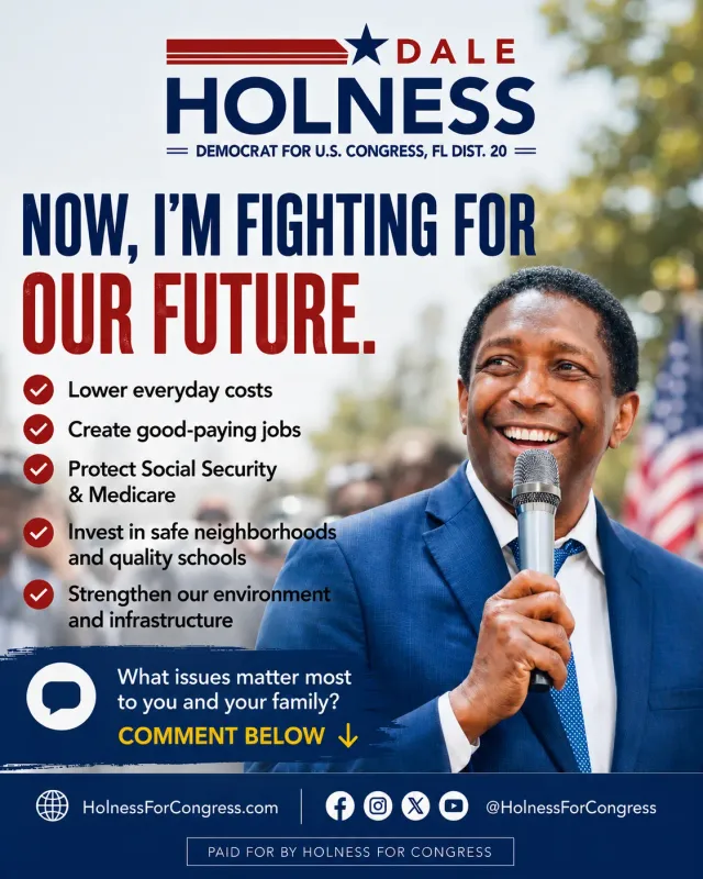 Light-background post with the candidate at a microphone and a five-point checklist of priorities