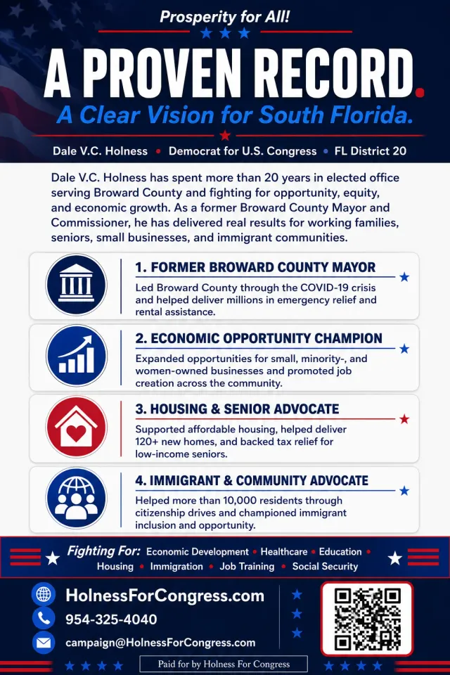 Back of a campaign flyer for Dale Holness for Congress with a four-point record list, a contact block and a QR code