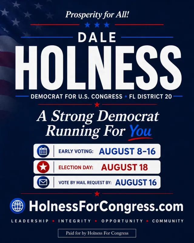 Alternate flyer front for Dale Holness for Congress, text only, with three voting-date rows and the campaign website