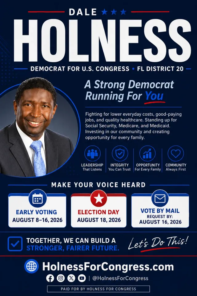 Front of a campaign flyer for Dale Holness for Congress with candidate photo, four value icons and voting dates