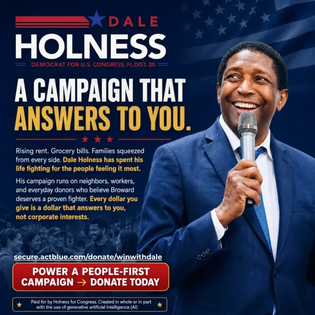 Square fundraising ad with the candidate smiling at a microphone on the right and a donate call to action