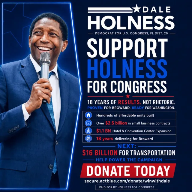 Square fundraising ad with the candidate at a microphone on the left, a four-line record list and a donate button