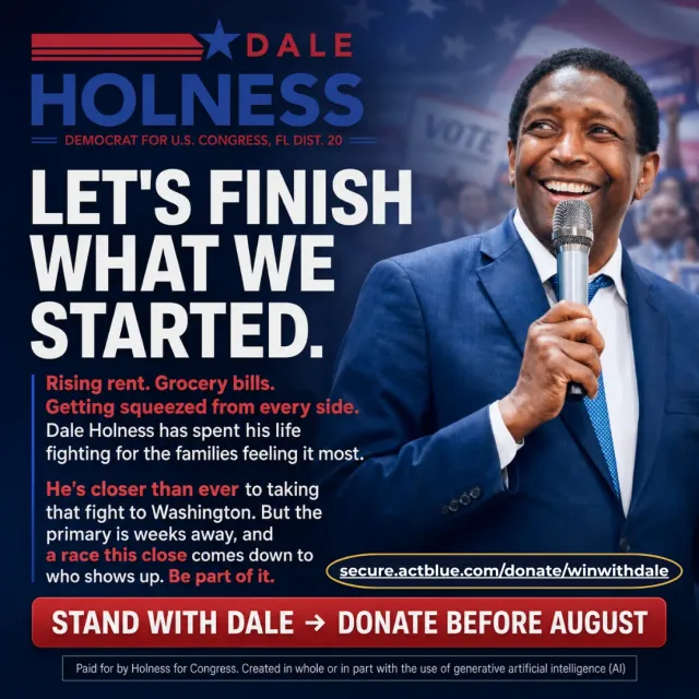 Square fundraising ad with the candidate smiling at a microphone in front of a crowd, a white headline over red-highlighted subhead lines and a red donate button
