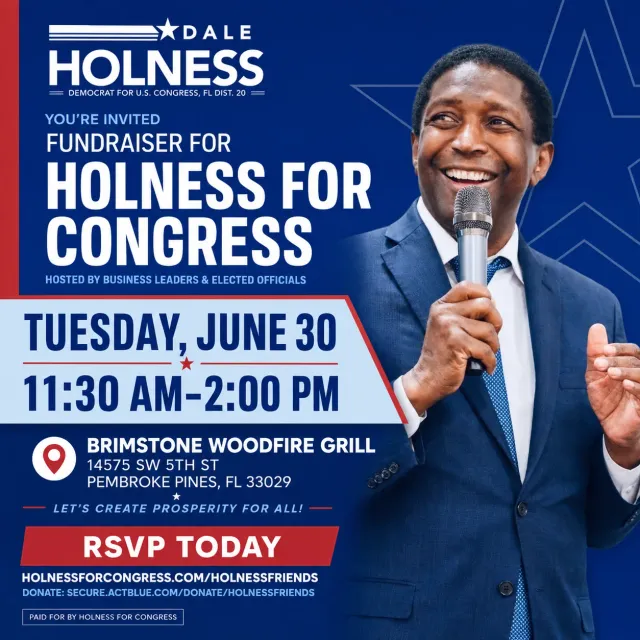 Square fundraiser invitation for Holness for Congress with candidate photo, date, venue and RSVP details