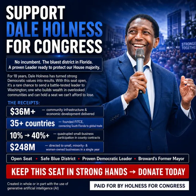 Square fundraising ad with the candidate at a microphone in front of a crowd, a four-line record block and a donate call to action