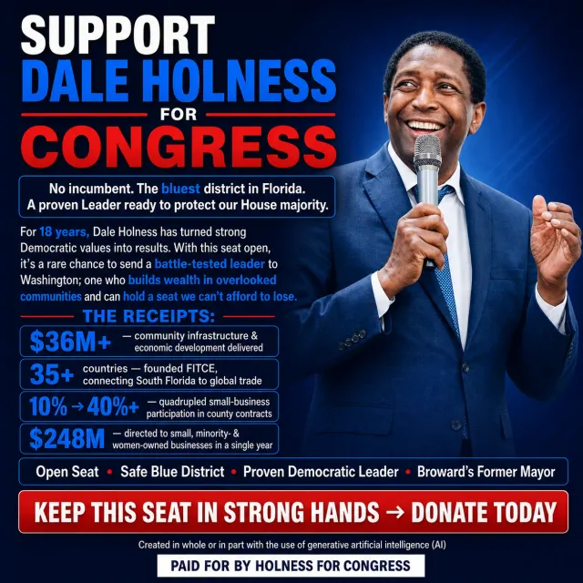 Square fundraising ad, second layout, with the candidate at a microphone on a blue background and a record block