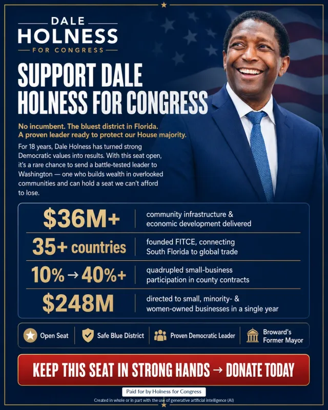 Portrait fundraising ad with the candidate top right, a gold-figure record block and a four-icon row