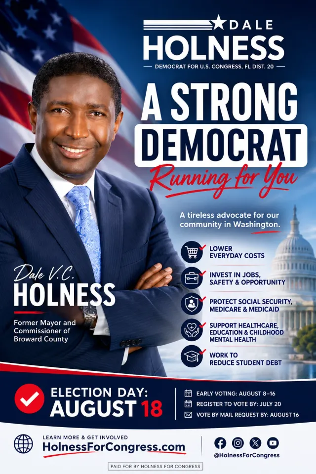 Portrait image ad for Dale Holness with the candidate in front of a flag and Capitol backdrop and a checklist of priorities