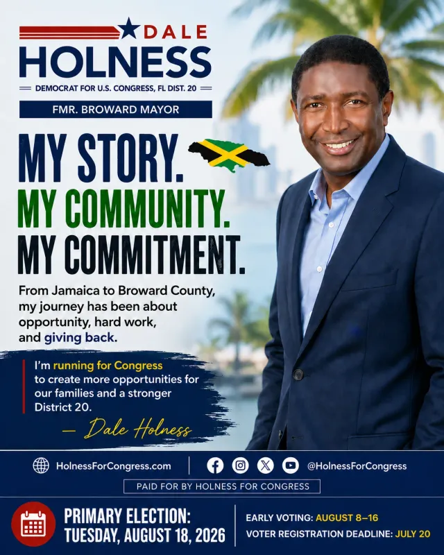 Portrait image ad in a light palette with the candidate by the waterfront and a Jamaica map-flag