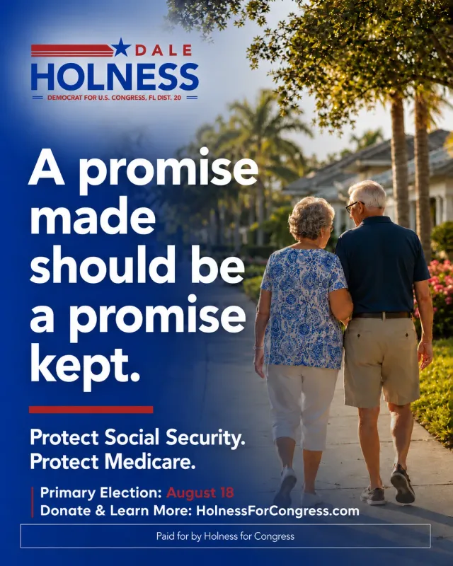 Issue post on Social Security and Medicare with a senior couple walking on a palm-lined sidewalk