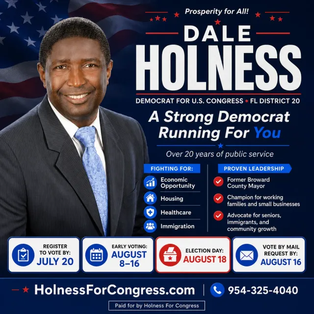Square ad with the candidate photo, two priority columns and four voting-date tiles