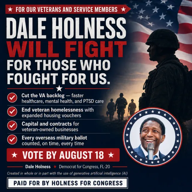 Square issue ad for veterans and service members with soldier silhouettes, a flag and a four-point checklist
