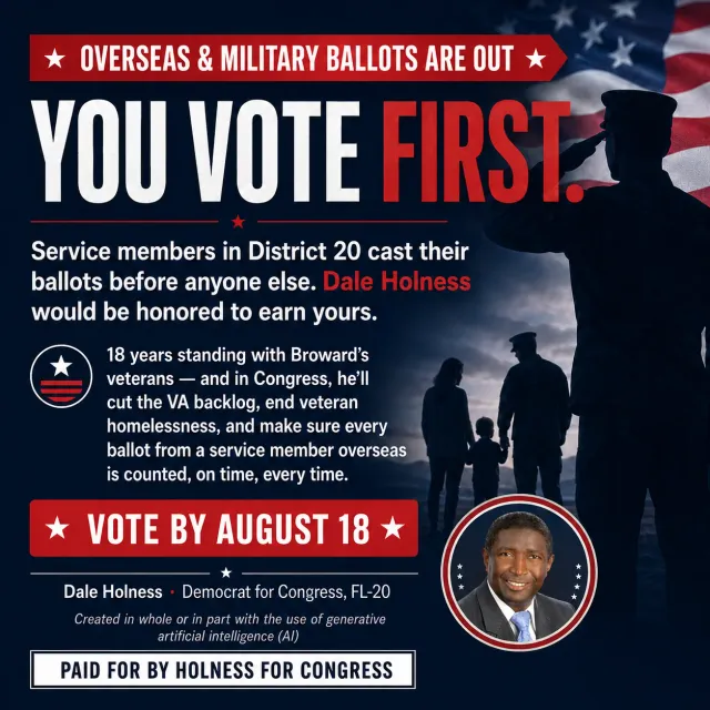 Square ad for overseas and military voters with a saluting soldier silhouette, a flag and the candidate in a circular photo