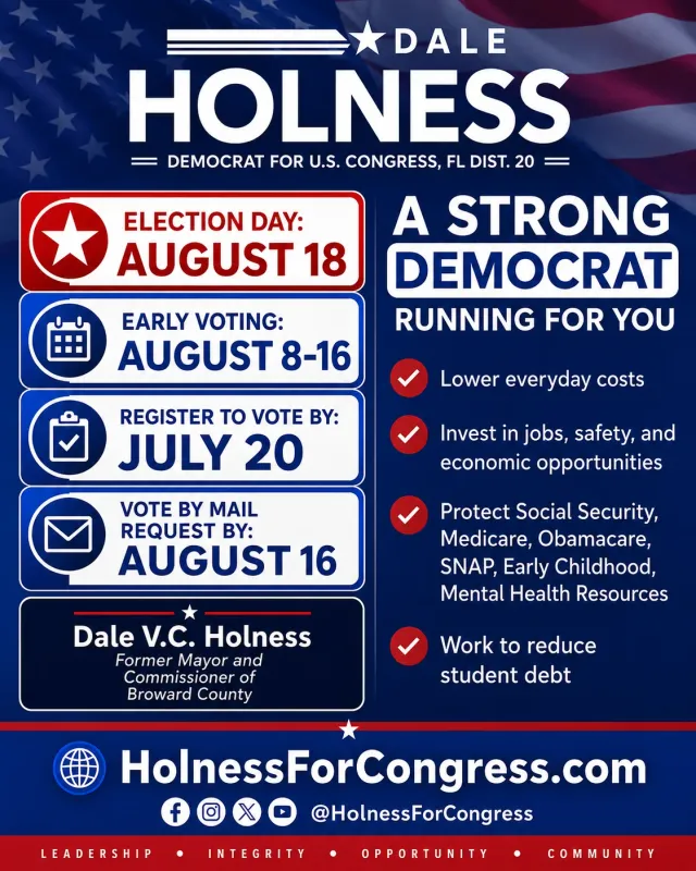 Portrait ad with four voting-date rows on the left and a four-point priorities checklist on the right
