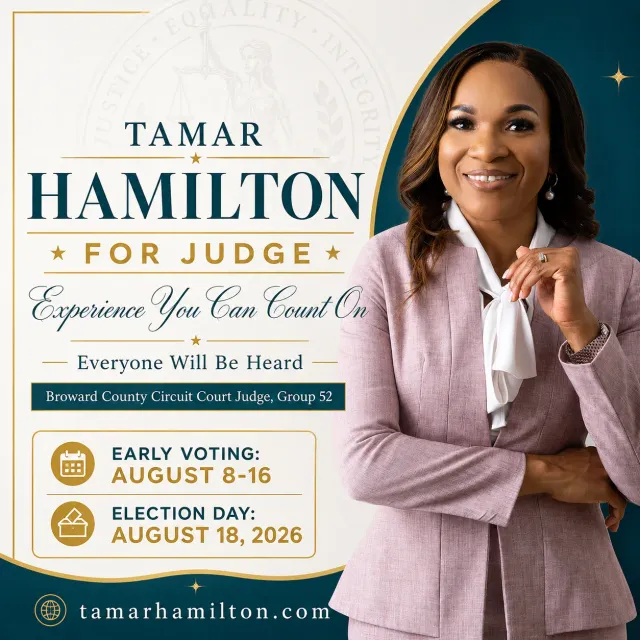 Square digital ad for Tamar Hamilton with candidate photo on teal