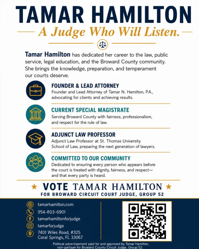 Biography flyer for the Tamar Hamilton judicial campaign