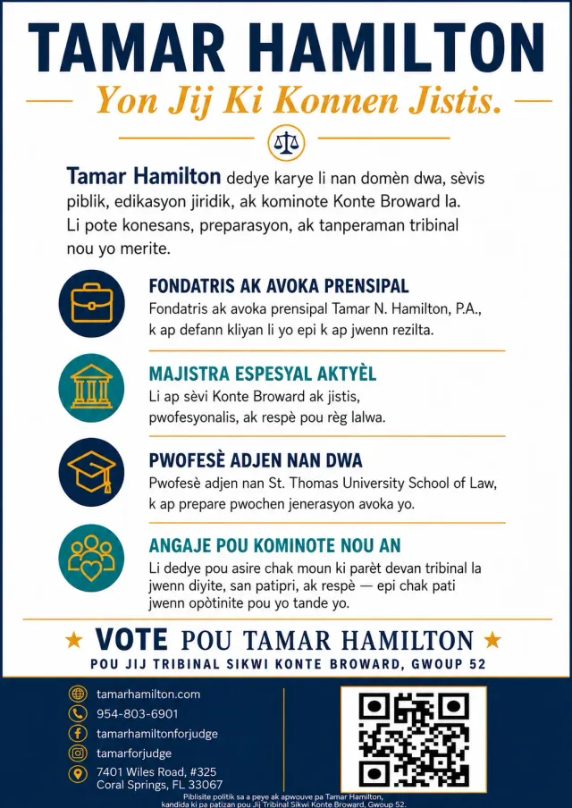 Haitian Creole biography flyer, Tamar Hamilton pou Jij