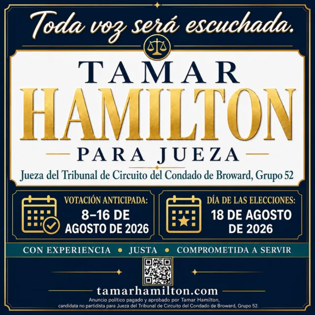 Spanish-language square mailer front, Tamar Hamilton para Jueza