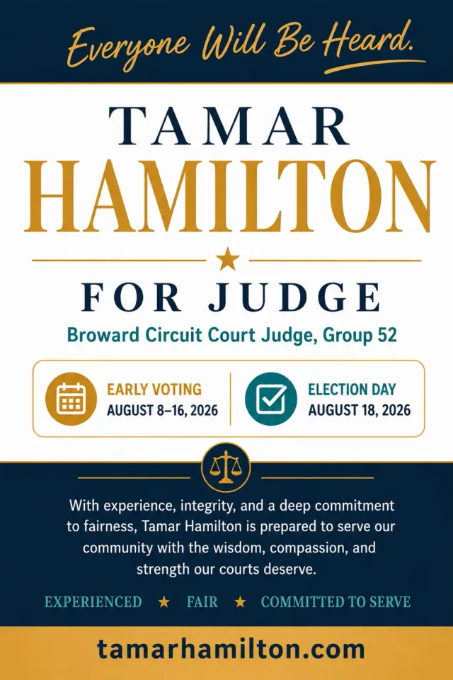 Typographic postcard front for the Tamar Hamilton judicial campaign