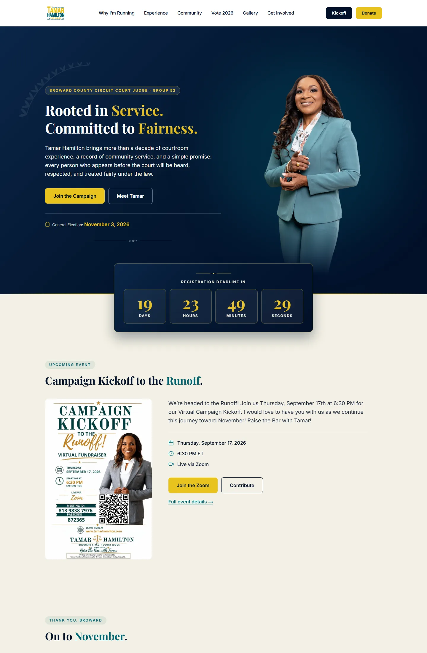 Full-length desktop view of the tamarhamilton.com home page, from the hero through the event section